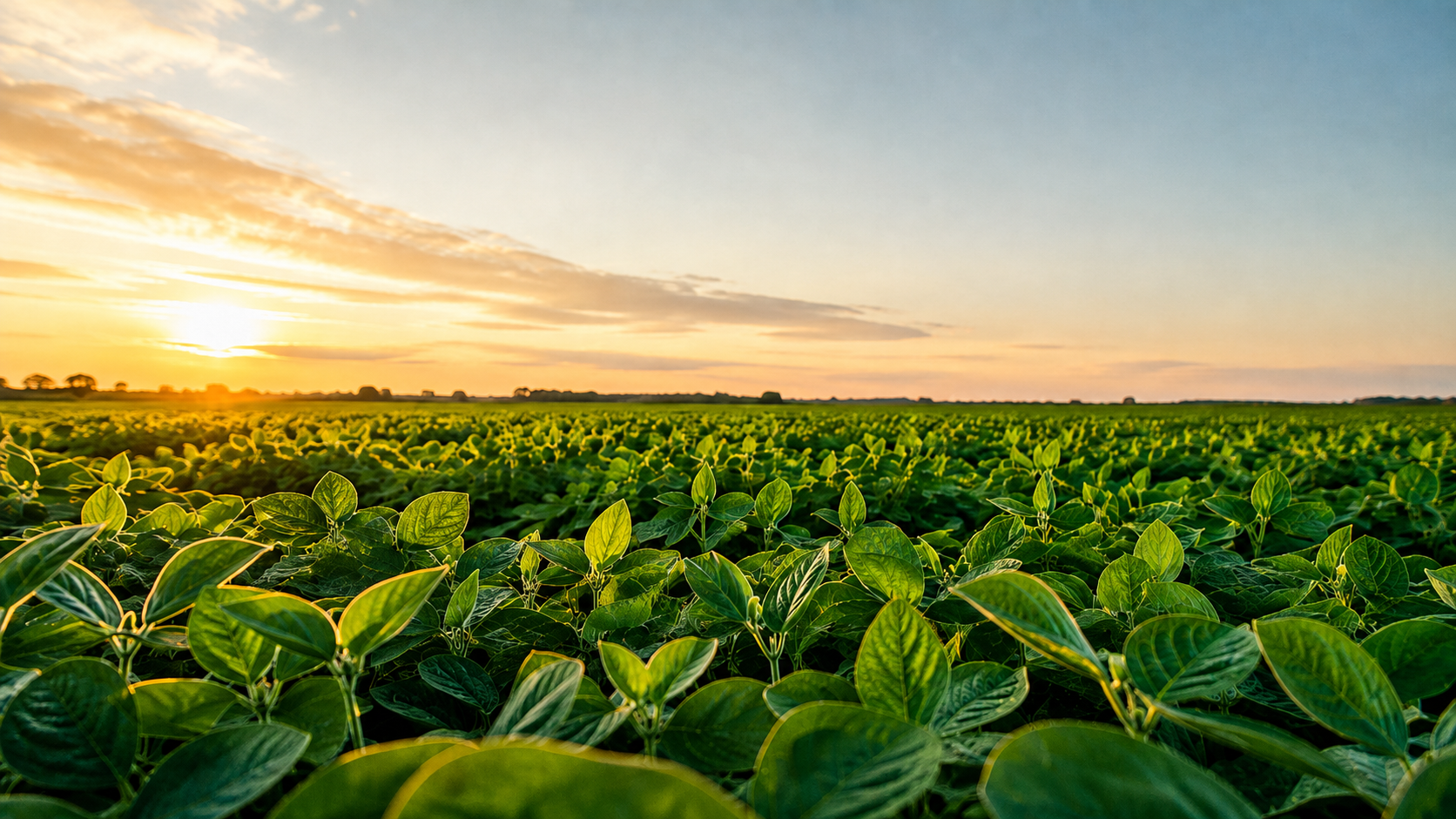 Cultivo de soja y maíz al atardecer